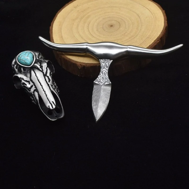 Creative Bullhead Damascus Steel Pocket Knife EDC Self-defense Decoration