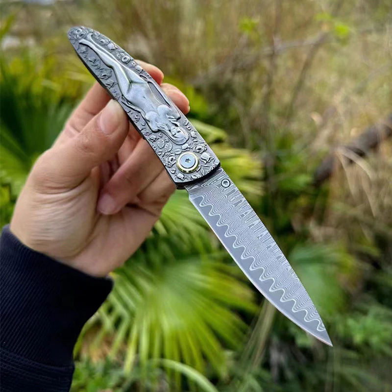Damascus Blade Folding Knife Double Sided Engraved Vintage Handle Outdoor Camping Survival Pocket Knives - Image 4