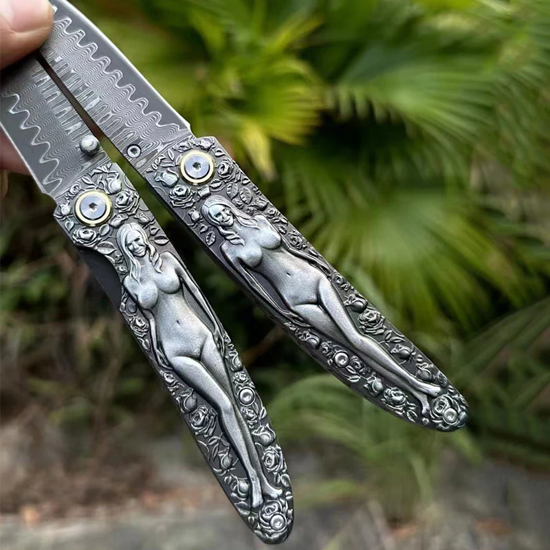 Damascus Blade Folding Knife Double Sided Engraved Vintage Handle Outdoor Camping Survival Pocket Knives - Image 5