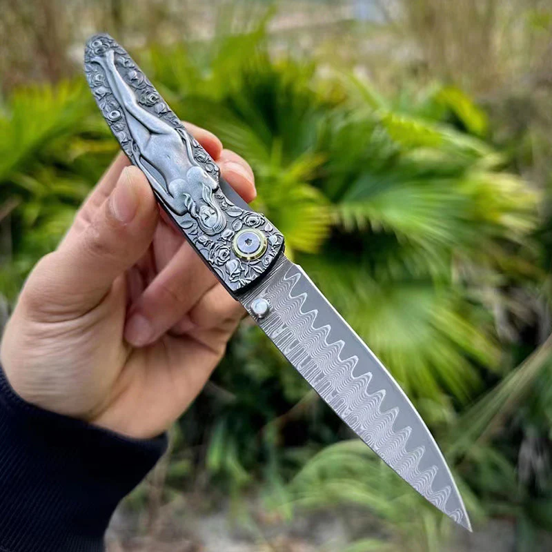 Damascus Blade Folding Knife Double Sided Engraved Vintage Handle Outdoor Camping Survival Pocket Knives - Image 6