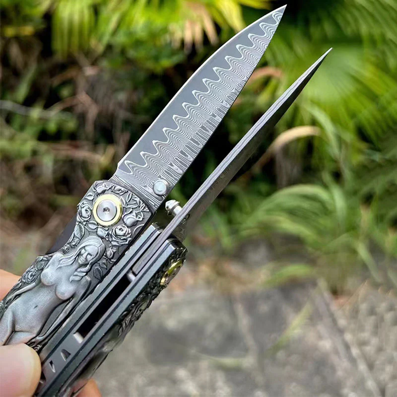 Damascus Blade Folding Knife Double Sided Engraved Vintage Handle Outdoor Camping Survival Pocket Knives - Image 8