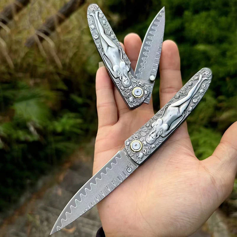 Damascus Blade Folding Knife Double Sided Engraved Vintage Handle Outdoor Camping Survival Pocket Knives - Image 9